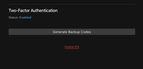 2FA enabled with backup codes and disable option