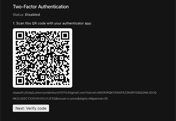2FA QR code setup in the Payload admin panel